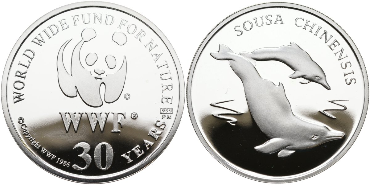 Швейцария медаль 1986 30 лет WWF, дельфин (sousa chinensis), диаметр 38,6 мм., вес 20 гр. серебро PROOF 00-00