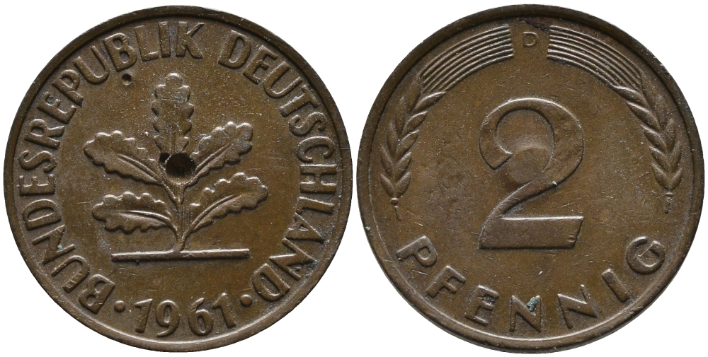 ФРГ 2 пфеннига 1961 D KM 106, J. 381 бронза 99-124