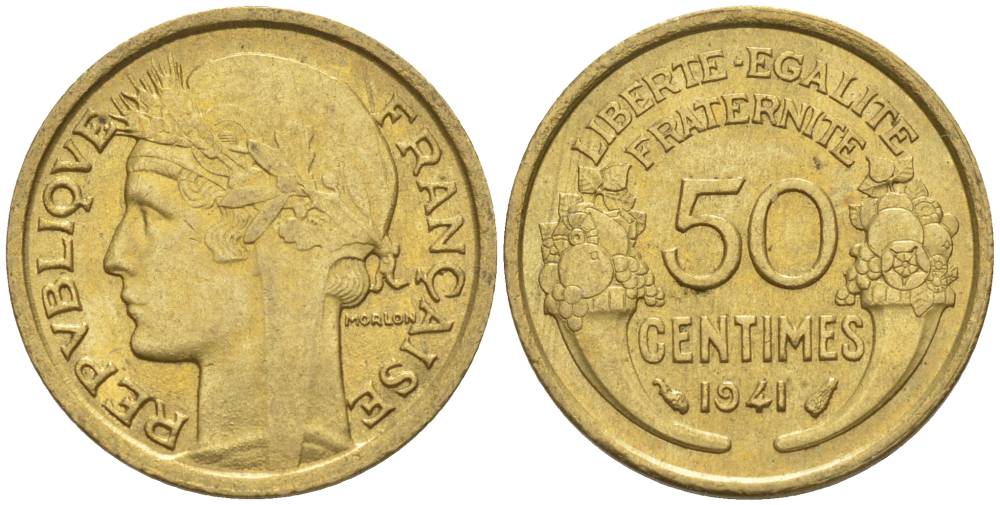 ФРАНЦИЯ 50 САНТИМОВ 1941 ТИП MORLON KM 894.1, LE FRANC 192.18 алюминиевая бронза 44-635