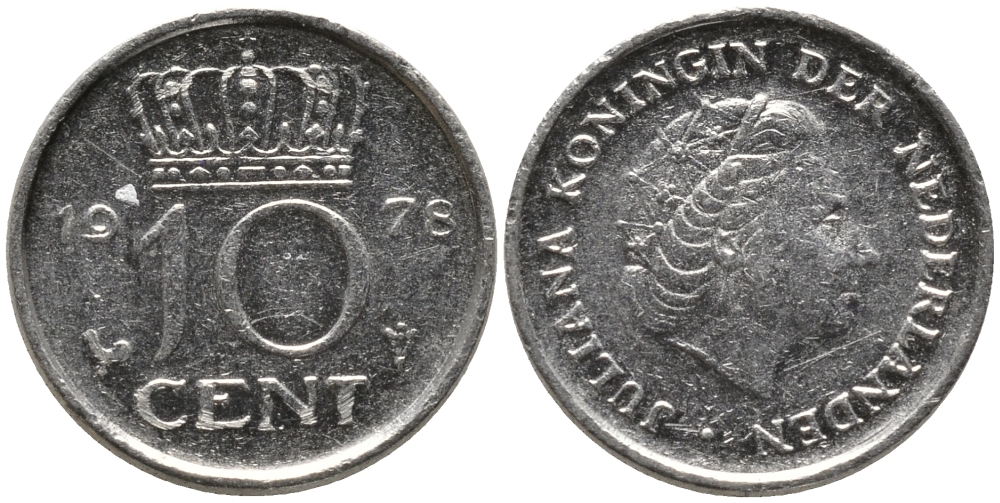 Нидерланды 10 центов 1978 Юлиана (1948-1980) КМ 182 никель 4609-456
