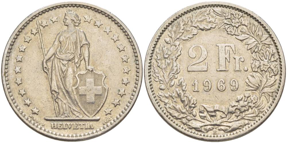 Швейцария 2 франка 1969 В KM 21а.1 медно-никель 4542-445