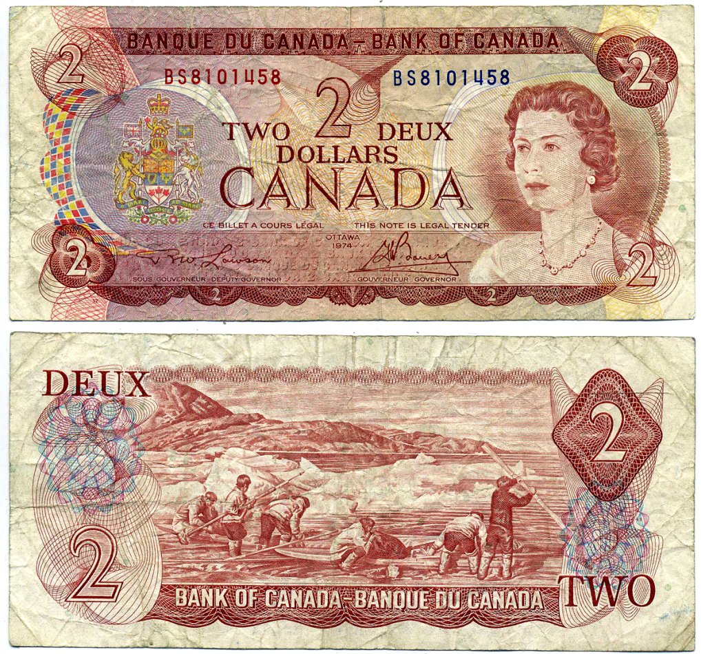 Канада 2 доллара 1974 подписи Lawson & Bouey Pick 86a бумага 2192-23-2-2