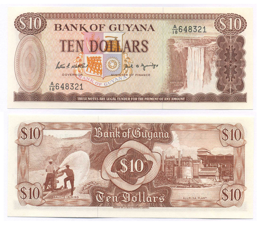 ГАЙАНА 10 ДОЛЛАРОВ 1989 ПОДПИСЬ 7, ВОДОПАД КАЙЕТУР Pick 23d бумага UNC (ПРЕСС) 8588-87-3-2