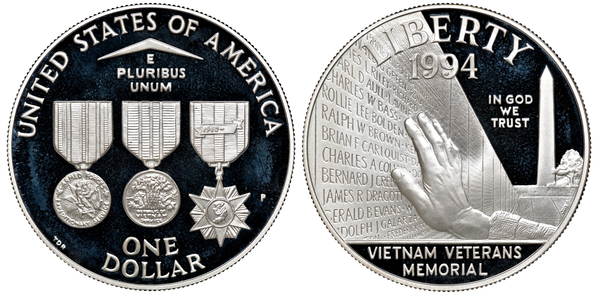 США набор из 3 монет 1 доллару 1994 ветераны, в оригинальной коробке KM 251, 250, 252 серебро	 PROOF 3-6-1-19