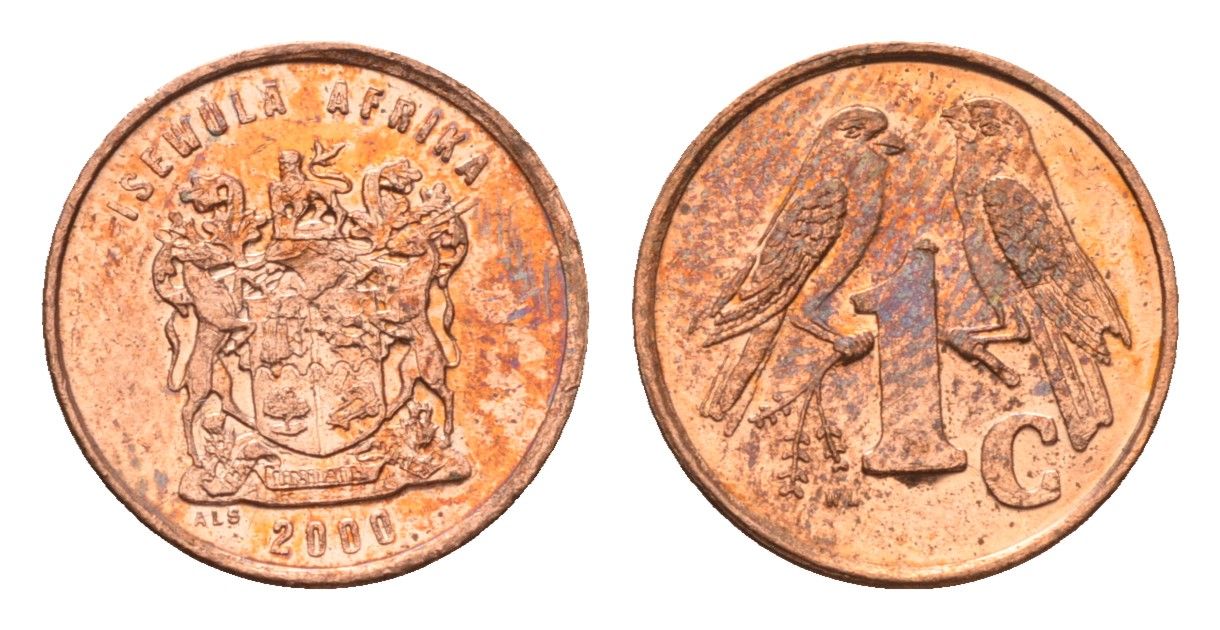 ЮАР 1 цент 2000 герб, капские воробьи KM 170 сталь плакированная медью UNC 4694-148