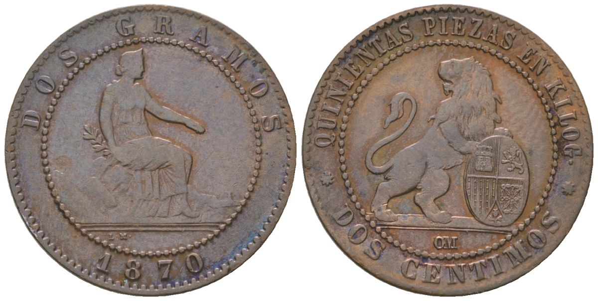 Испания 2 сентимо 1870  KM 661 медь    4584-527