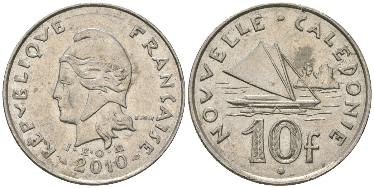 Французская Новая Каледония 10 франков 2010 рыбачья парусная лодка, (IEOM) KM 11a, Schoen 13a, Lec 99k медно-никель 3459-226