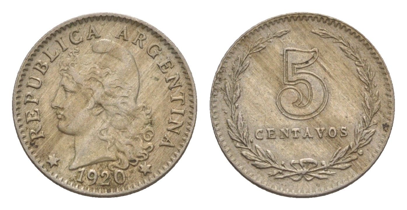 Аргентина 5 сентаво 1920 KM 34 медно-никель 4636-265