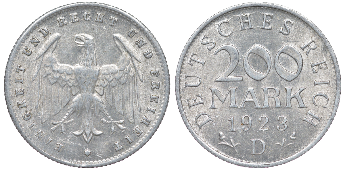 Германия 200 марок 1923 D KM 35, J. 304, Weege 22 алюминий 4604-617