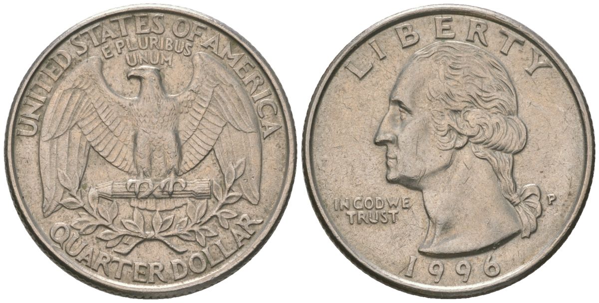 США 25 центов (квотер) 1996 P, Вашингтон KM А164а медь плакированная медно-никелем 4592-116