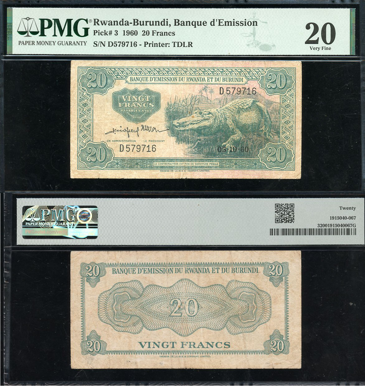 Руанда - Бурунди 20 франков 1960 5 октября 1960, крокодил, TDLR, в слабе PCGS 20 Very Fine Pick 3 a  бумага   452-1-123