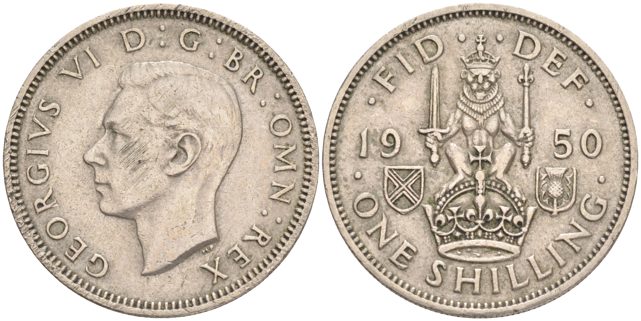Великобритания 1 шиллинг 1950 Георг VI (1936-1952), Шотландский герб KM 877, Spink 4109 медно-никель 4556-615
