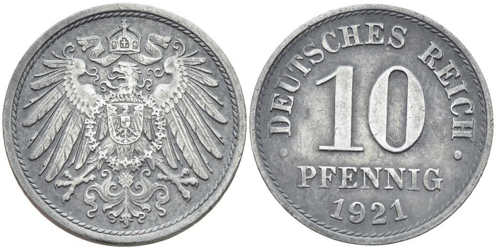 ГЕРМАНИЯ 10 ПФЕННИГОВ 1921 KM 26, J. 299 цинк 4401-213
