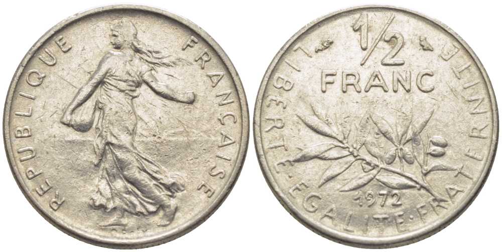 Франция 1/2 франка 1972 сеятель KM 931.1, LE FRANC 198.11 никель 175-944