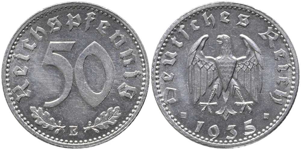 Германия 50 рейхспфеннигов 1935 E J. 368, KM 87 алюминий  UNC  413-1724