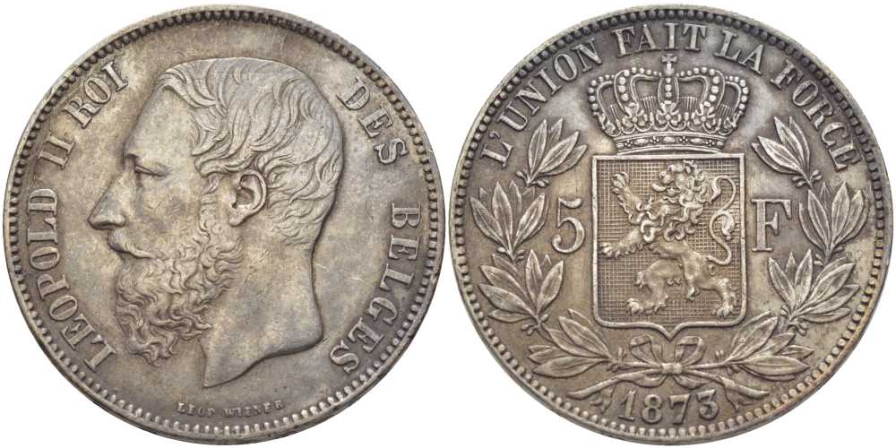 Бельгия 5 франков 1873 Леопольд II (1865-1909), позиция А KM 24 серебро 5010-932