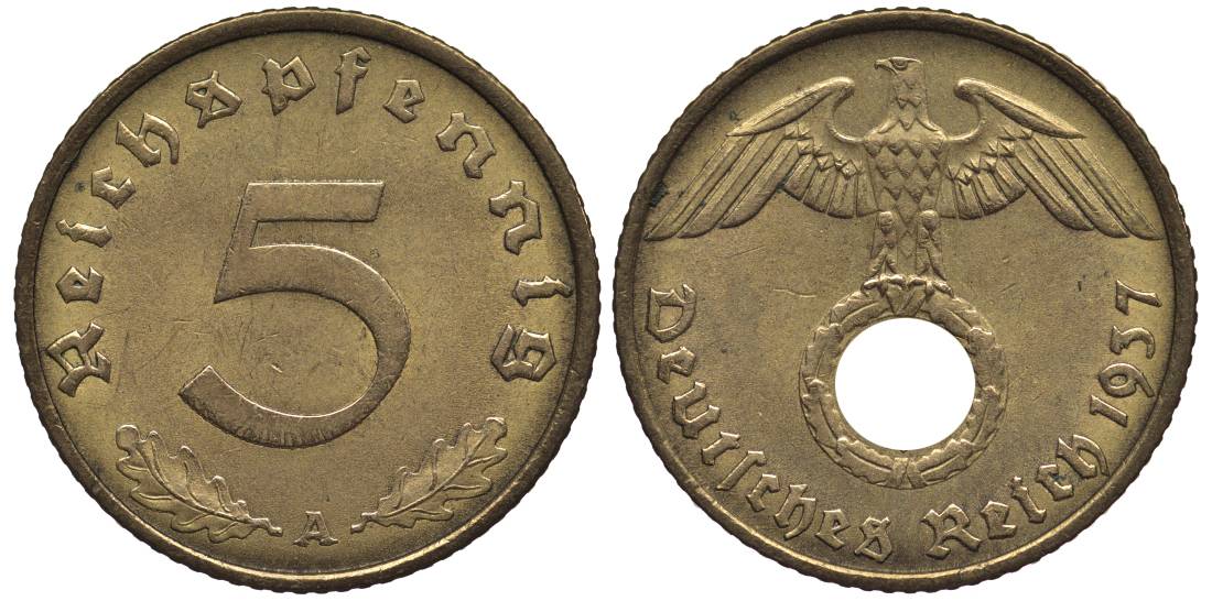 ГЕРМАНИЯ 5 РЕЙХСПФЕННИГОВ 1937 A KM 91, Jager 363 алюминиевая бронза 4547-639