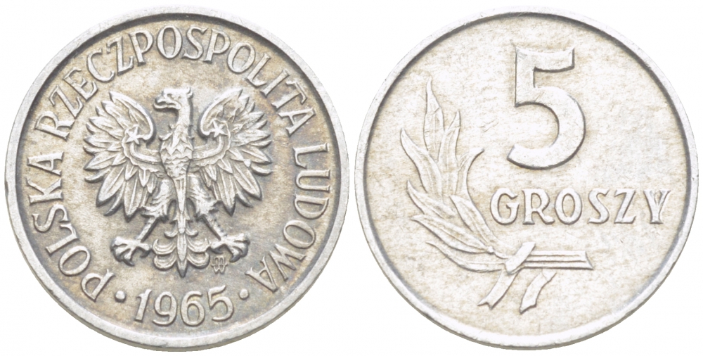 Польша 5 грошей 1965 MW, Народная Республика KM А46, Parchimowicz 204g алюминий 3309-319