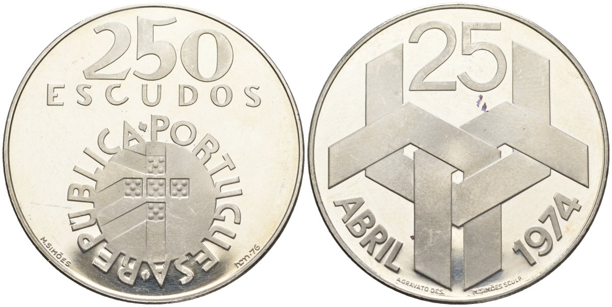 Португалия 250 эскудо 1976 Революция гвоздик 25 апреля 1974 года KM 604 серебро PROOF 11-146-45