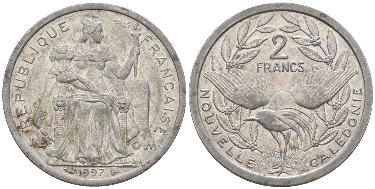 Французская Новая Каледония 2 франка 1997 птица кагу, (IEOM) KM 14, Schoen 11, Lec 68b алюминий    23-1452