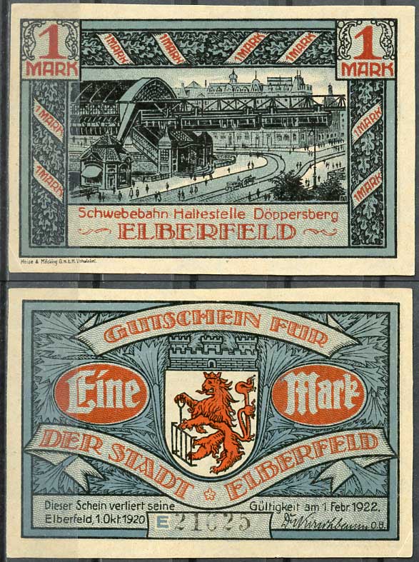Германия, Эльберфельд 1 марка 1922 нотгельд, городские виды, голубая Mehl 324.1 бумага UNC (пресс) 00-00