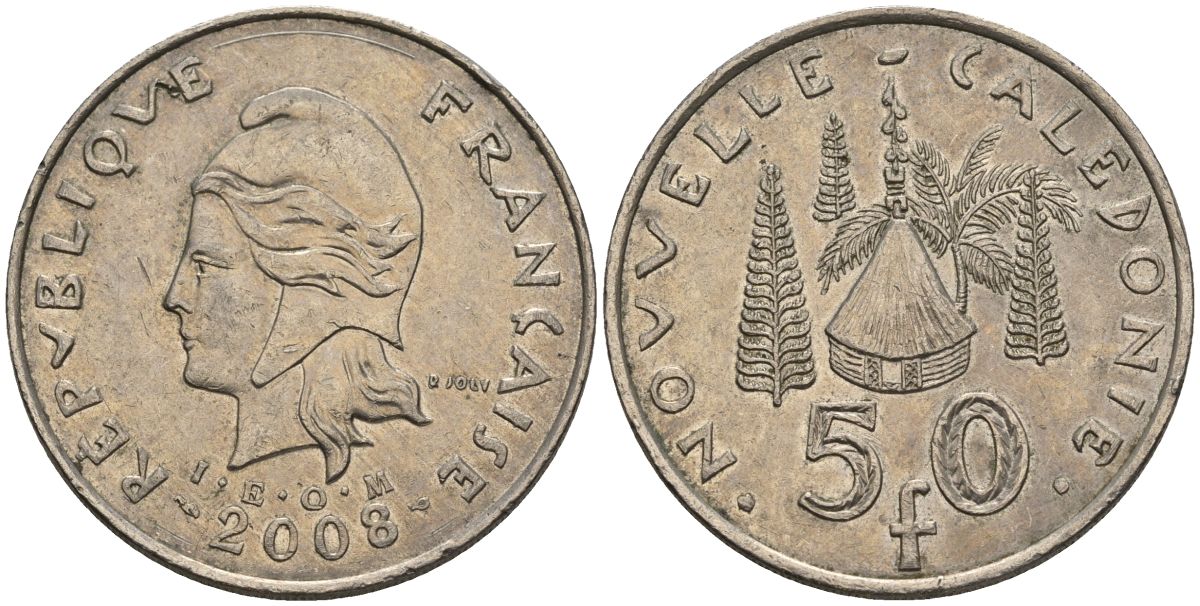 Французская Новая Каледония 50 франков 2008 хижина среди сосен и пальм, (IEOM) KM 13a, Schoen 15a, Lec 128i медно-никель 4111-442