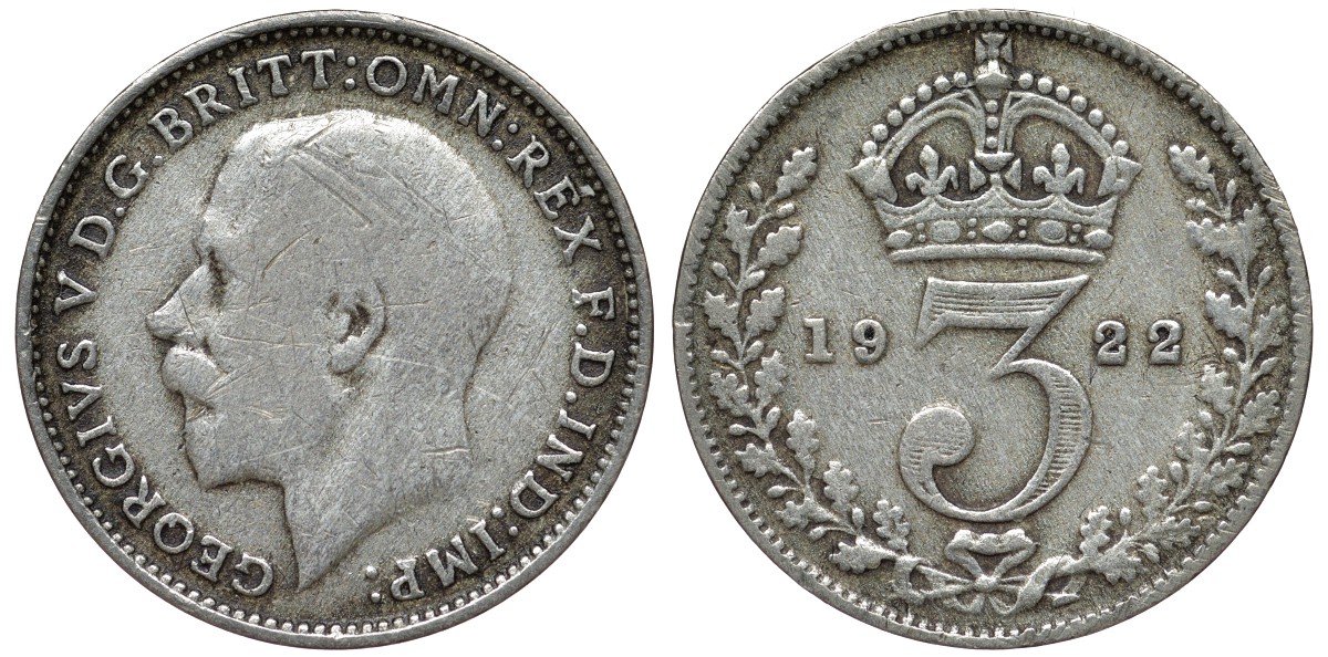 Великобритания 3 пенса 1922 Георг V (1910-1936) KM 813а, Spink 4026 серебро серебро 4124-642