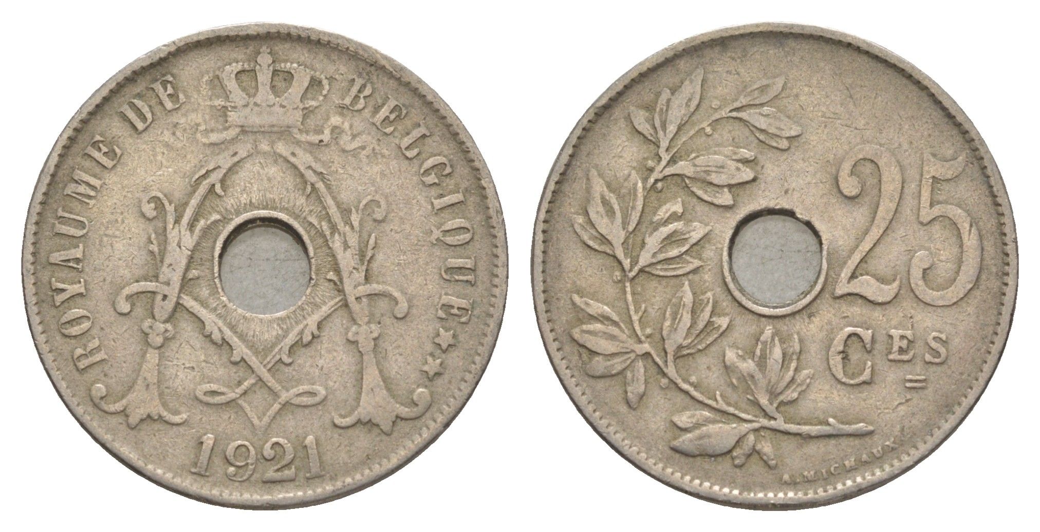 Бельгия 25 сантимов 1921 Belgique KM 68 медно-никель 4629-952