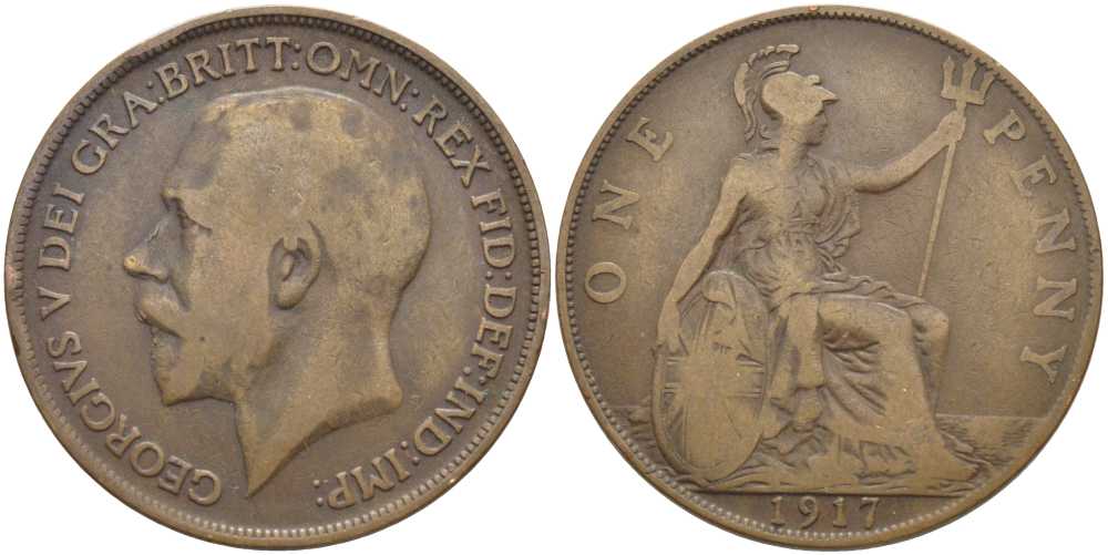 Великобритания 1 пенни 1917 Георг V (1910-1936) KM 810, Spink 4051 бронза 111-1245