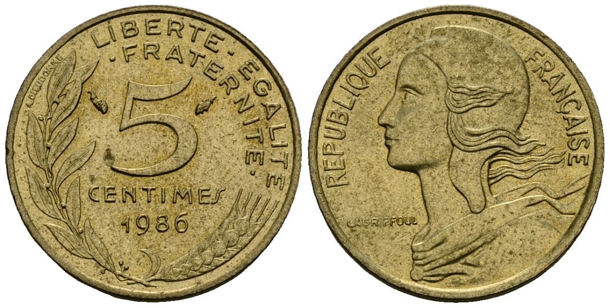 Франция 5 сантимов 1986 тип Marianne KM 933 алюминиевая бронза 4136-444