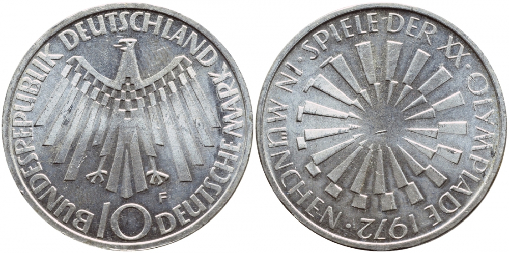 ФРГ 10 МАРОК 1972 F, ОЛИМПИАДА, СПИРАЛЬ KM 134.1, J.401b серебро UNC 1520-1422
