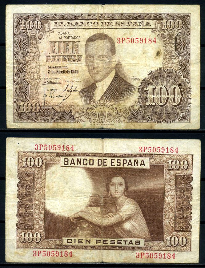 Испания 100 песет 1953 7 апреля 1953, Julio Romero de Torres Pick 145а бумага 00-00
