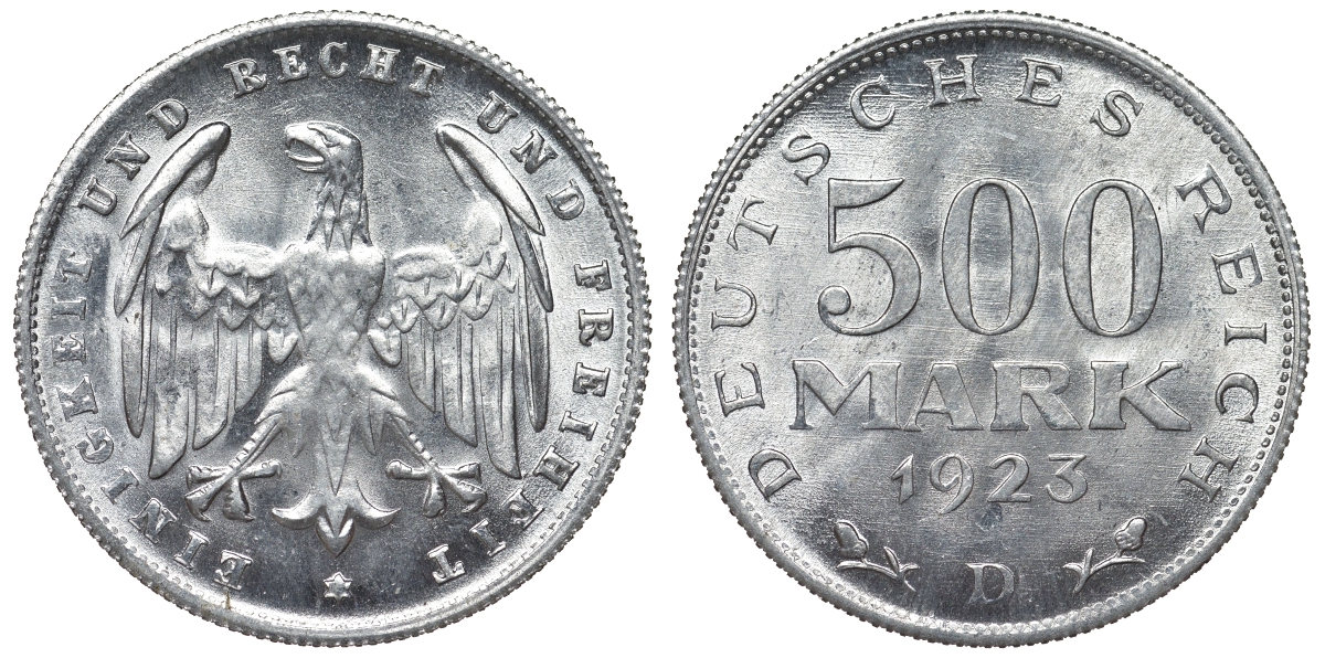 Германия 500 марок 1923 D KM 36, J. 305 алюминий 4123-221
