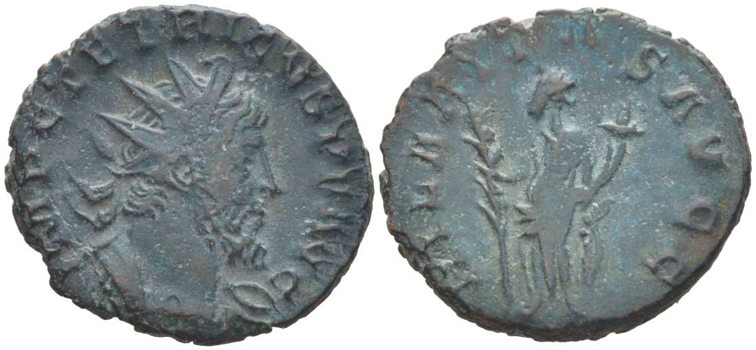 Римская Империя, императоры в Галлии антониниан 272 - 273 Тетрик, IMP C TETRICVS P F AVG, бюст императора / HILARITAS AVGG,Хиларитата, персонификация Радости, Колония Агриппины (Кельн) RIC 79 биллон 1073-20-66