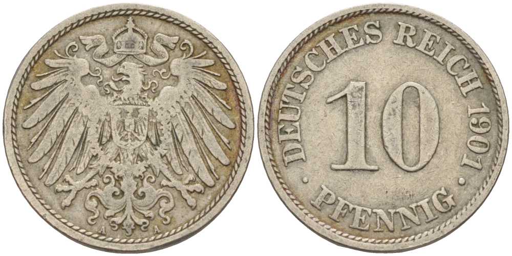 ГЕРМАНИЯ 10 ПФЕННИГОВ 1901 A KM 12, J. 13 медно-никель 4401-1233