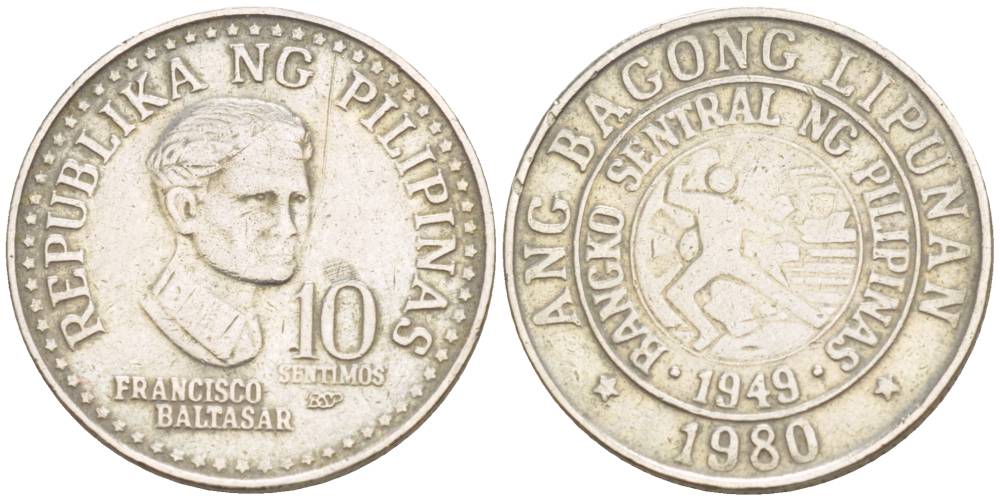 ФИЛИППИНЫ 10 СЕНТИМО 1980 ФРАНСИСКО БАЛЬТАЗАР KM 226 медно-никель 4544-517