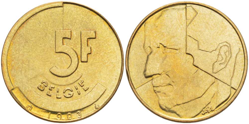 БЕЛЬГИЯ 5 ФРАНКОВ 1993 BELGIE, БОДУЭН I (1951-1993) KM 164 латунь или алюминиевая бронза 4391-214