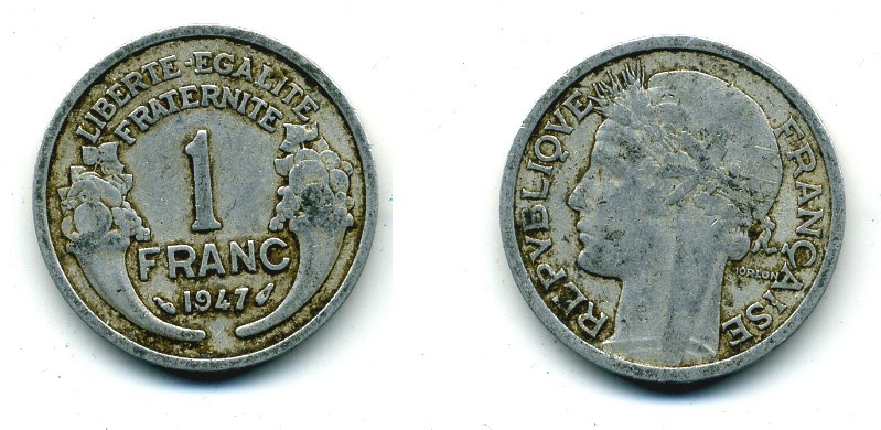 ФРАНЦИЯ 1 ФРАНК 1947 В KM 885а.2 алюминий 84-457