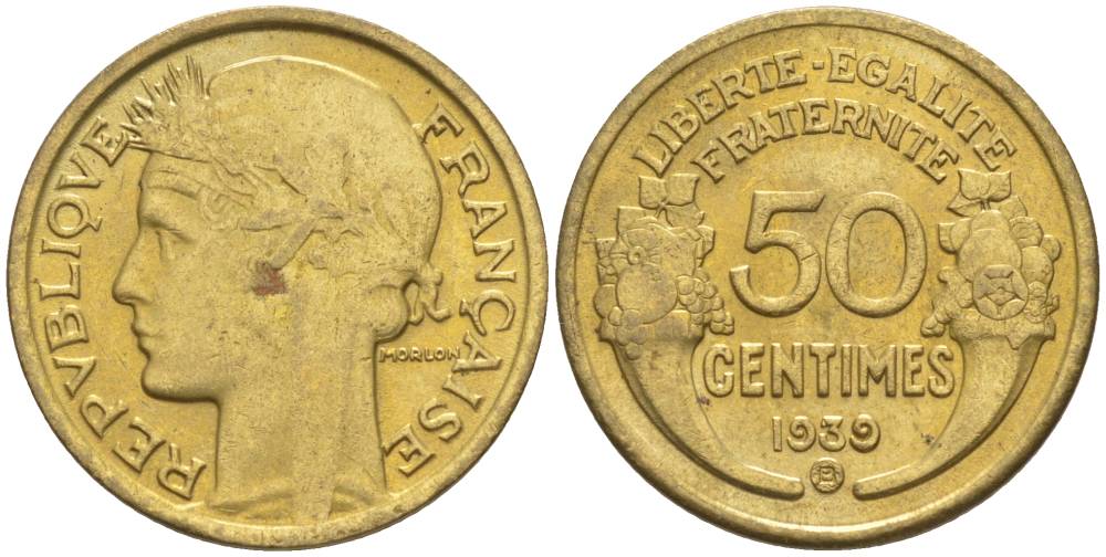ФРАНЦИЯ 50 САНТИМОВ 1939 В, ТИП MORLON, МОНДВОР БРЮССЕЛЬ KM 894.2, LE FRANC 192.16 алюминиевая бронза 44-918