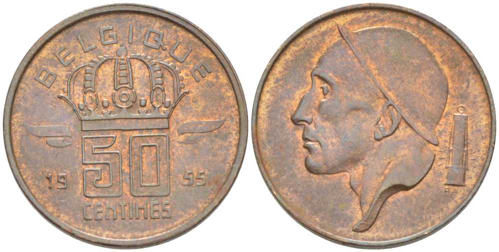БЕЛЬГИЯ 50 САНТИМОВ 1955 BELGIQUE, БОДУЭН I (1951-1993) KM 144 бронза 206-163