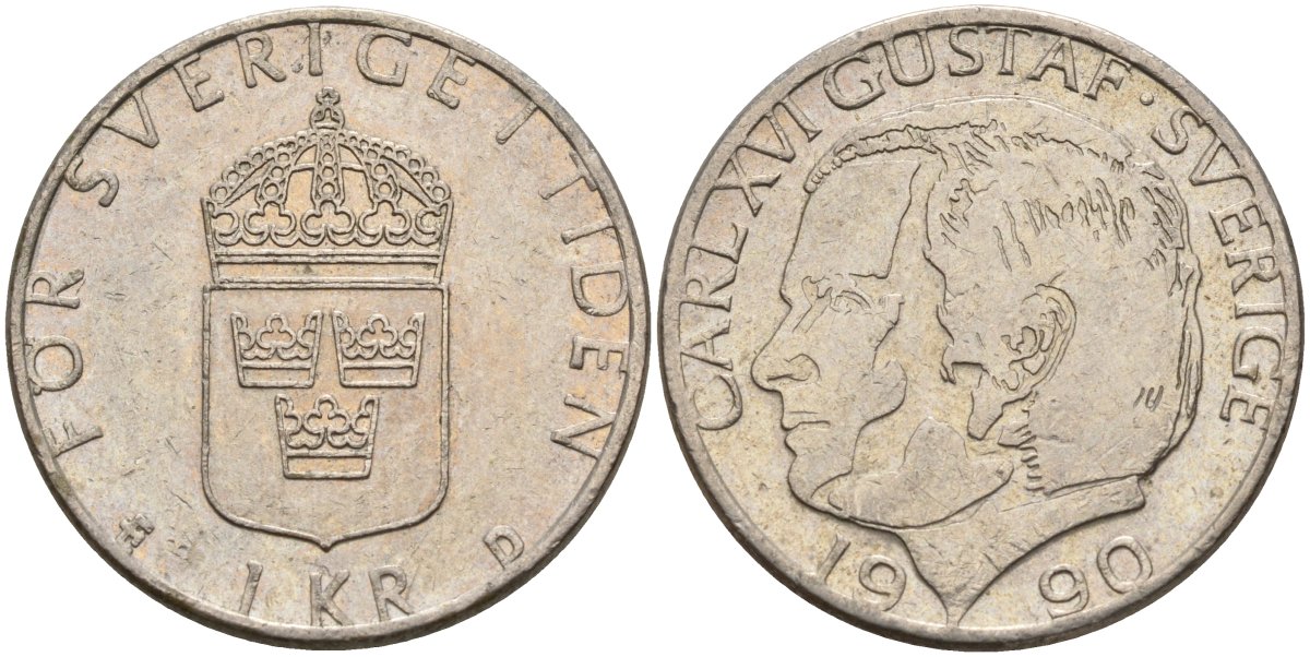 Швеция 1 крона 1990 D, Карл XVI Густав (1973- ) KM 852a медно-никель 4150-413