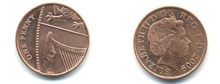 Великобритания 1 пенни 2009 Елизавета II (1952-2022) KM 1107, Spink B6 сталь плакированная медью 177-1155