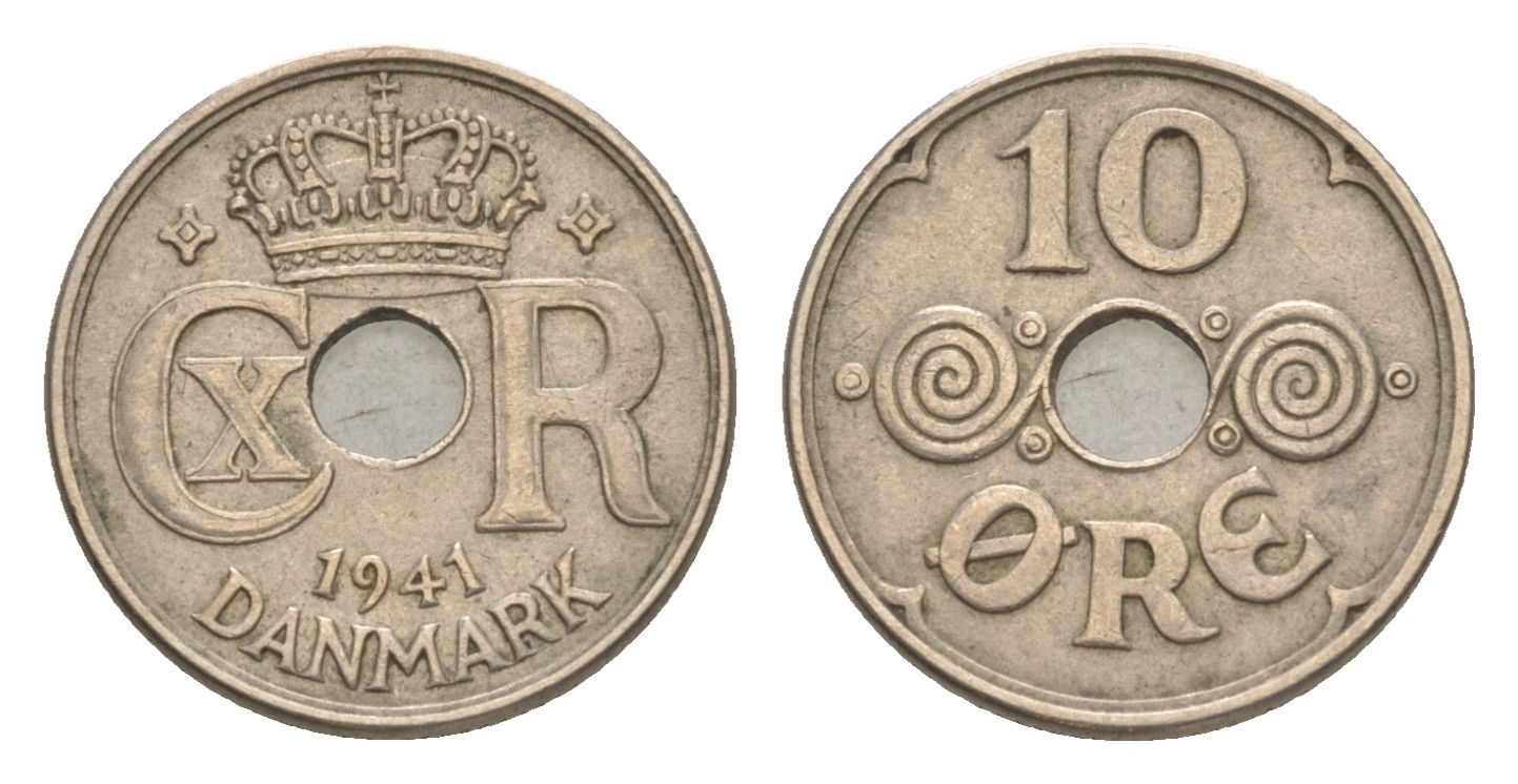 Фарерские острова 10 эре 1941 Кристиан X (1912-1947), датские территории KM 4 медно-никель 3711-1722