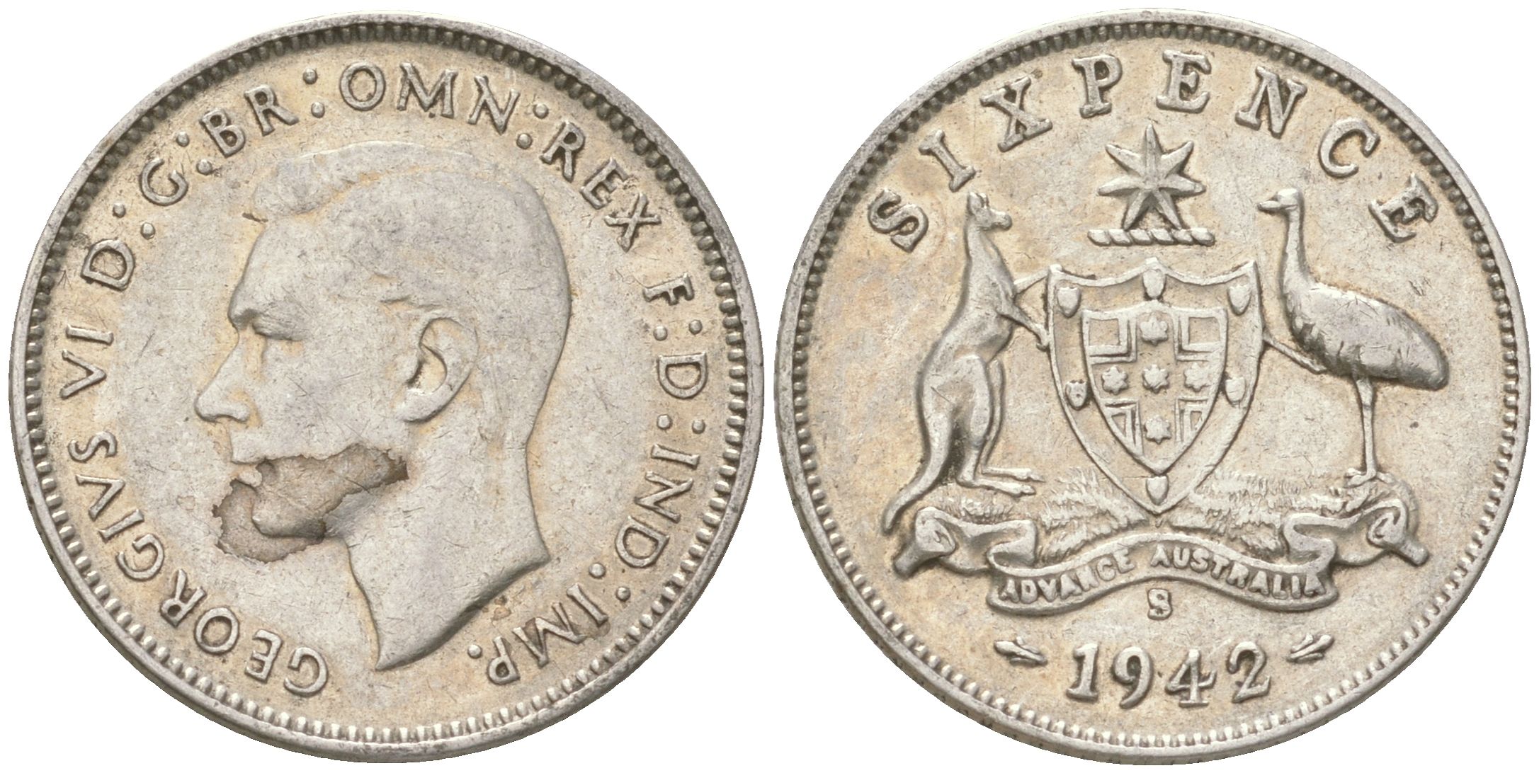 Австралия 6 пенсов 1942 S, Георг V (1936-1952) KM 38 серебро 4623-229