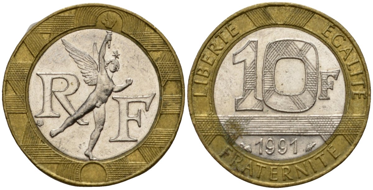 Франция 10 франков 1991 тип гений Бастилии KM 964.1, Le Frank 375.6 биметалл 4601-422