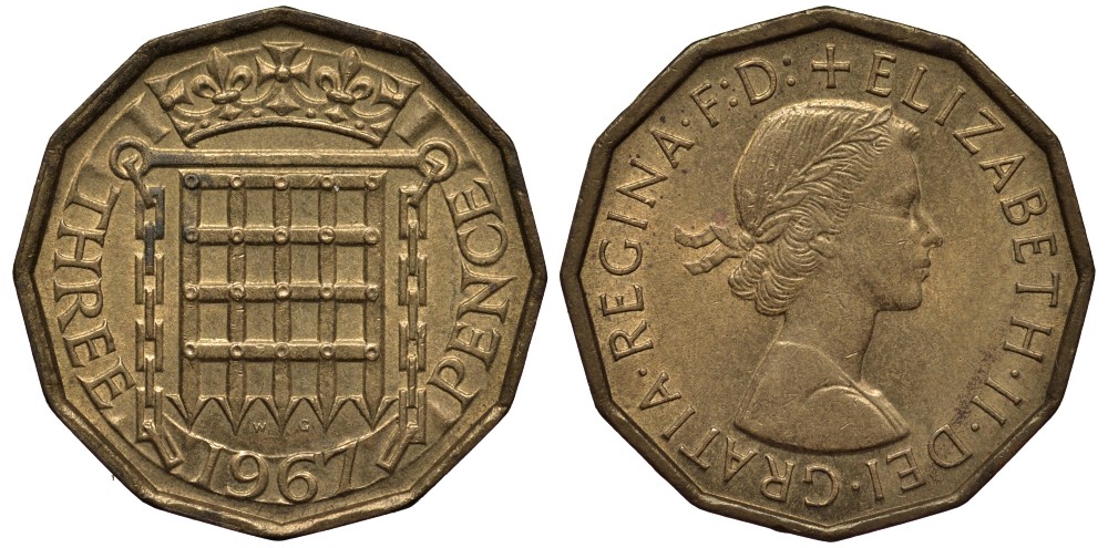 Великобритания 3 пенса 1967 Елизавета II (1952-2022) KM 900, Spink 4153 никель латунь 4538-1135
