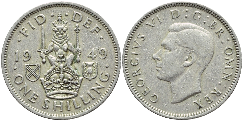 Великобритания 1 шиллинг 1949 Георг VI (1936-1952), Шотландский герб KM 877, Spink 4109 медно-никель 4395-1216