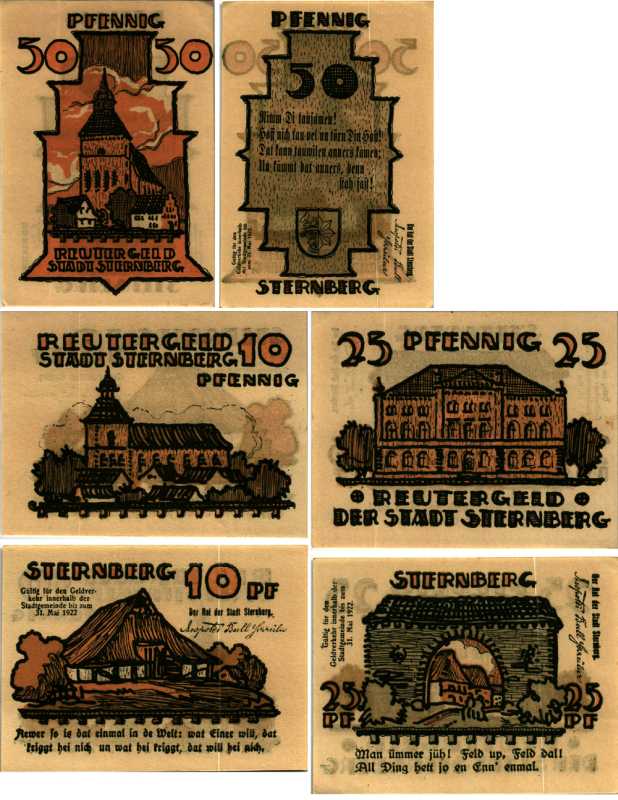 ШТЕРНБЕРГ НАБОР ИЗ 3 БАНКНОТ (10, 25, 50 ПФЕННИГОВ) 1922 31 МАЯ 1922 - ИЮНЬ 1922, НОТГЕЛЬД, ЗЕМЛЯ МЕКЛЕНБУРГ-ПЕРЕДНЯЯ ПОМЕРАНИЯ Keller 1268.1 бумага 6318-25-2-2