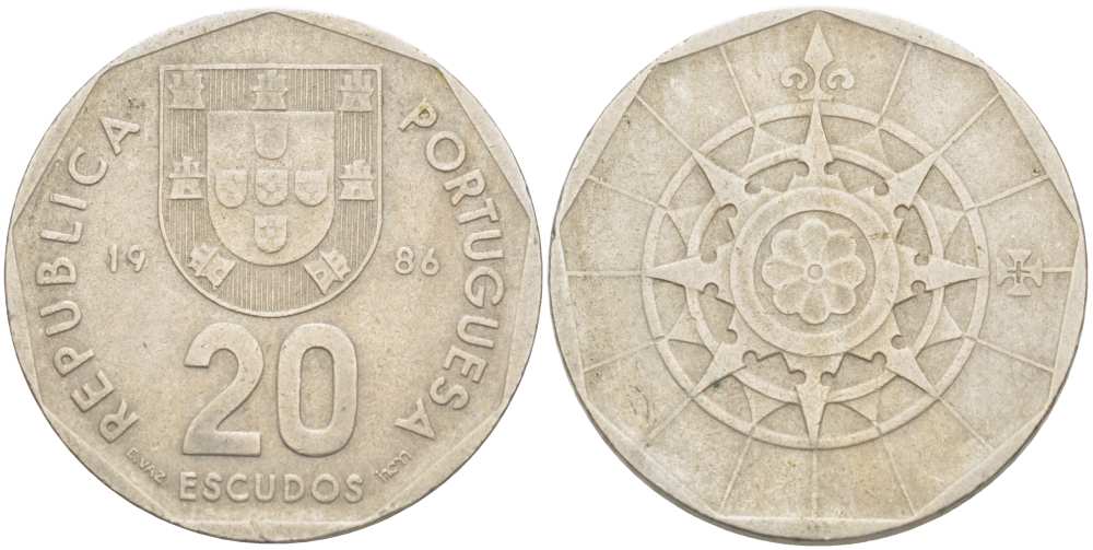 ПОРТУГАЛИЯ 20 ЭСКУДО 1986 INCM KM 634.1 медно-никель 217-1026