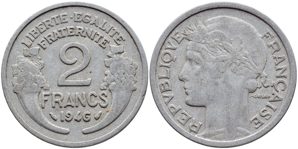 ФРАНЦИЯ 2 ФРАНКА 1946 KM 886а.1 алюминий 4397-737